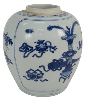 Chinese Blue and White Ginger Jar with bird of prunus, height 9 1/2 inches.