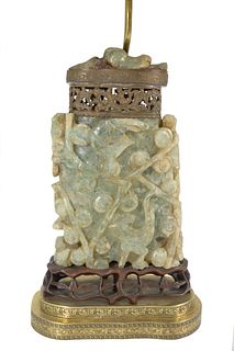 Large Green Quartz Urn on carved hardwood base made into a lamp, total height 33 inches.