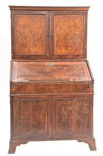 Queen Anne Walnut and Burl Walnut Secretary Desk in two parts, upper section having two doors opening to reveal center door hiding drawers flanked by 