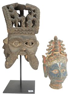 Two Carved Wood Items to include an African carved mask, total height 28 1/2 inches, and a carved and painted bust wearing a headdress, height 17 1/2 