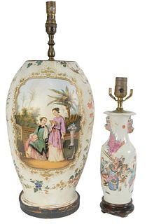 Two Asian Vases to include a Famille Rose porcelain meiping vase with painted warriors along with a glass vase having painted panel of two figures in 