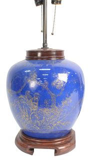Chinese Kangxi powder blue Ginger Jar electrified into a table lamp with gilt bird and floral decoration, circa 18th century or later, jar height 10 i