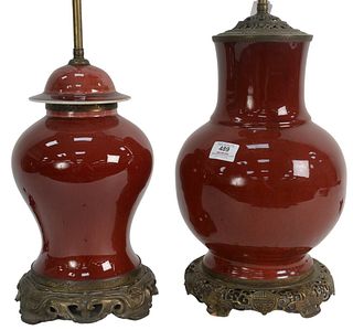 Two Oxblood Langyao Lamps, one in the shape of Hu and the other a covered baluster jar, both having ormolu mounts and bases, 19th century, heights 12 