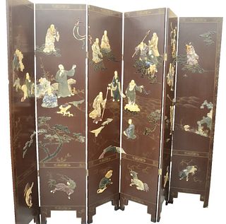 Six Fold Chinese Screen having stone and bone raised immortals, landscape, and animals, height 86 inches, length 108 inches.
