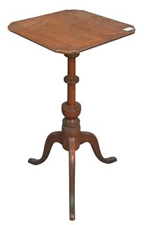 Cherry Candle Stand with shaped top on urn carved shaft ending in tripod base, height 29 1/2 inches, top 15 3/4" x 16 1/4".