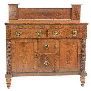 Sheraton Mahogany Sideboard, with backsplash over two drawers over doors flanking drawers all with embossed with original brass hardware, c.1820, tota
