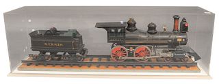 Large Venus Train Engine and Tender Model, finely built of painted wood with some metal parts, painted in black and forest green with red wheels, plaq