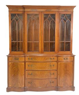 Fineberg Custom Mahogany Inlaid Breakfront having four glass door top resting on base and pull out writing surface over four graduating drawers flanke