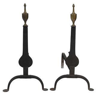 Pair of Federal Knife Blade Andirons, with brass urn tops on penny feet, circa 1800, height 26 1/4 inches. Provenance: The Estate of Diana Atwood John