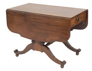 Duncan Phyfe Mahogany Table, having shaped drop leaves with drawer on shaped supports set on four downswept members rested on ball feet, circa 1820, h