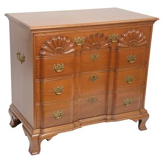 Margolis Mahogany Block Front Chest, with triple shell carved top drawer set on ogee feet, sides having brass handles, signed with brand mark, (sun fa