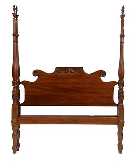 Fineberg Custom Mahogany Four Post Bed with flame finials, double size, height 73 inches, interior of bed 51 1/4" x 77 1/2".