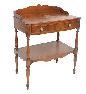 Margolis Mahogany Wash Stand, with gallery back over turret corners over one drawer and one shelf on turned legs, height 35 inches, top 16 1/2" x 30".