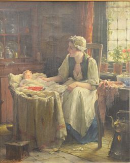 Edward Antoon Portielje (Belgian, 1861 - 1949), The Doting Mother, oil on canvas, signed lower left "Edward Portielje," height 18 1/4 inches, width 15