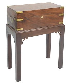 Regency Mahogany Lap Desk and Stand brass bound campagne style, height 28 3/4 inches, width 20 inches.