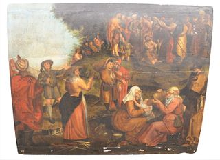 Continental School Oil On Oak Panel, depicting villagers, unframed, with heavy paint loss, unsigned, 18th Century or later, height 29 1/2 inches, widt