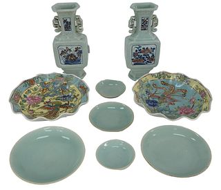 Nine Piece Group to include a pair of celadon glazed vases having blue and iron red painted panels, five celadon glazed dishes each having a blue seal