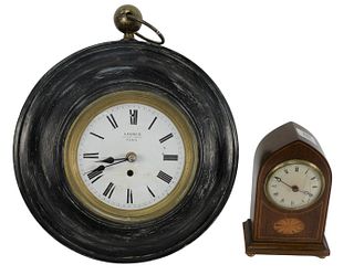 Two Clocks, to include Lesieur round hanging clock having enameled dial, marked Lesieur Horloger Brevete, Paris, diameter 15 inches, with painted tin 