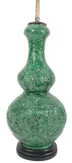 Green Glazed Chinese Double Gourd Dragon Vase/Lamp with onion shaped mouth overall carved dragons, 19th/20th century, height 18 inches.