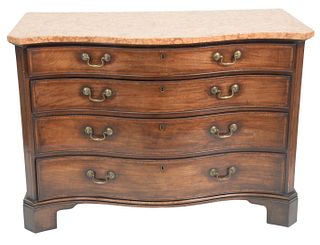 George III Mahogany Serpentine Chest having later added "Guillestre Breccia" marble top over four graduated banded inlaid drawers top drawer fitted wi
