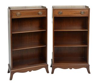 Pair Biggs Mahogany Small Bookcases each with brass gallery and one drawer, height 40 inches, width 21 1/2 inches, top 9" x 21 1/2".
