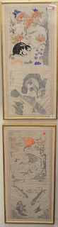 Two Korean Oil on Linen Wedding Scrolls, one with cranes; the other with rabbits, image size of each: 36 1/2" x 15 3/4".