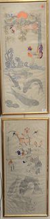 Two Korean Oil on Linen Wedding Scrolls, one with ducks and hummingbirds; one with fighting roosters, image size of each: 35 1/4" x 14 1/2".
