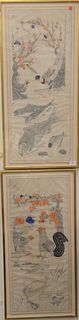 Two Korean Oil on Linen Wedding Scrolls, one with pheasants; the other with a rooster and hen, image size of each: 36 1/2" x 15 3/4".