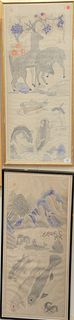 Two Korean Oil on Linen Wedding Scrolls, one with a mountainous landscape; the other having two deer, image of each: 35" x 14 1/2".