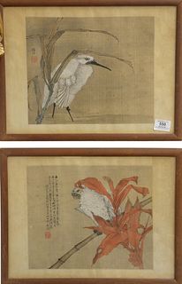 Two Chinese Watercolors on Silk to include a white parrot on bamboo with red leaf plant, along with a crane in water, both signed, image 10" x 12".