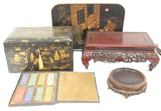 Three Piece Assorted Group to include group of eight Chinese ink cakes in fitted scholar box, 1 5/8" x 4 3/4"; black lacquered box; along with a Chine