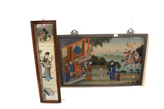 Two Chinese Reverse Painting on Glass, one of courtyard with figures, having mountainous landscape background and mirrored glass with Guanyin, 23" x 3