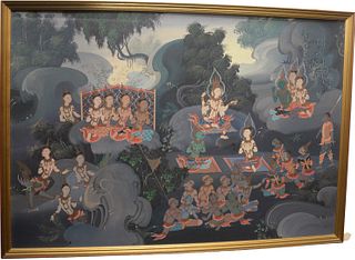 Buddhist Deities in a Thai Landscape, oil on board, signed indistinctly lower right, 29 1/2" x 43 1/2".