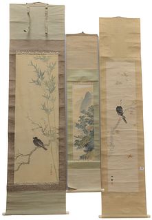 Three Chinese Scrolls, watercolor depicting apple blossom with black and white bird; mountain side watercolor on silk; pastoral scene, 60" x 12"; alon