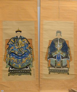 Pair of Oriental Ancestral Scrolls, watercolor on silk, seated official wearing dragon robe and a Mandarin lady in a robe with crane, 42" x 22".