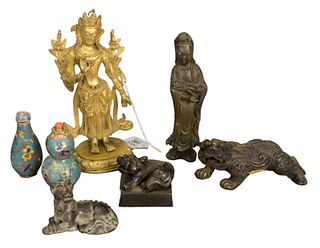 Seven piece Asian group to include two cloisonné snuff bottles, one is double gourd, heights. 3 inches; three bronze foo dogs, largest: height 2 1/4",