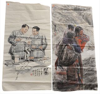 Two watercolor on tissue paper; three figures standing together 54" x 28" and two men talking 52" x 28".