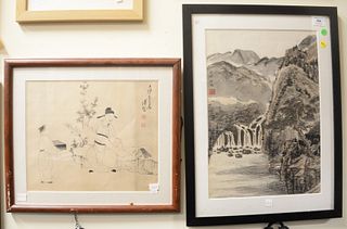 Group of Ten Chinese Watercolors and Paintings, mostly framed to include three Oriental scrolls; watercolor on paper landscape 14" x 19", watercolor o