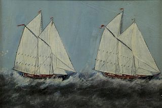 Primitive 19th C. Oil on Canvas. Ships on the