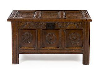 * An English Oak Chest Height 22 1/4 x width 41 1/2 x depth 16 1/4 inches.