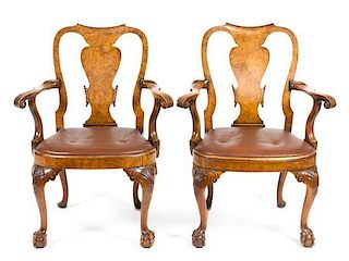 A Pair of Queen Anne Style Burlwood Armchairs Height 39 1/2 inches.