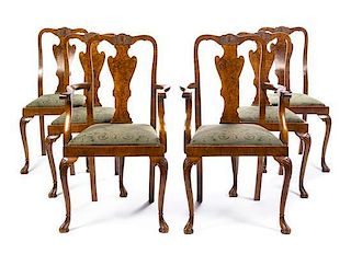 * A Set of Six Queen Anne Style Burlwood Dining Chairs Height 40 x width 20 1/4 x depth 19 3/4 inches.