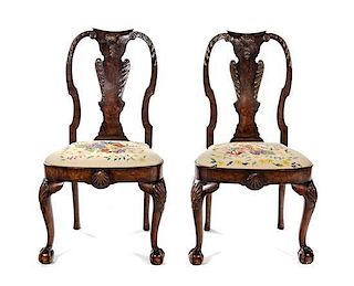 * A Pair of Queen Anne Style Burl Walnut Side Chairs Height 40 1/4 inches.