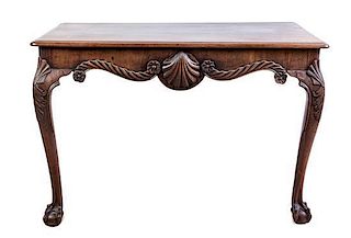 * A Pair of George II Mahogany Console Tables Height 30 1/4 x width 44 x depth 22 3/4 inches.