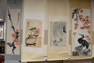 Four Oriental scrolls; watercolor bird in branch 49" x 14", watercolor still life plant in pot 30" x 16", watercolor two boys on water buffalo 27" x 1
