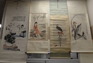 Four Oriental Scrolls to include watercolor bird on branch 35" x 26" and watercolor of falcon on stand 35" x 16" along with watercolor seated Guanyin 