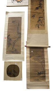Group of seven Oriental scrolls to include two small silk scrolls of birds, black and white on silk of bamboo trees 41" x 14", black and white on silk