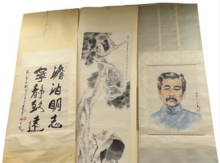 Three Oriental scrolls; watercolor bust of man 27" x 17", watercolor bird under tree 70" x 19", and watercolor of characters 27" x 18".