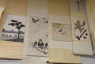 Six Oriental Scrolls to include watercolor Falcon tied to tree 35" x 16", watercolor of man ringing bell 25" x 12", and watercolor of six black birds 