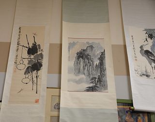 Five Oriental scroll watercolors; crane 27" x 17", man 27" x 17", two boys swimming with water buffalo 27" x 17", grasshopper and dragonfly 40" x 12",
